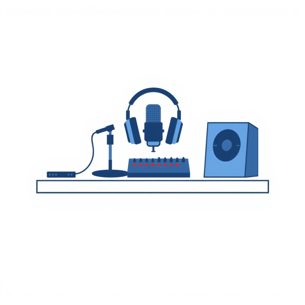 A minimalist, flat design illustration of a podcast setup. The image should include a microphone, headphones, and a sound mixer on a simple desk or tabletop. The background should be a plain, neutral color like white, gray, or light blue. The overall style should be clean, modern, and visually appealing as a generic stock image for podcasting.