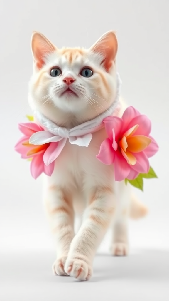 A little chubby big yes pink nose white cat walking okay on two paws, wearing a white real colorful flower costume, doing a ramp walk.