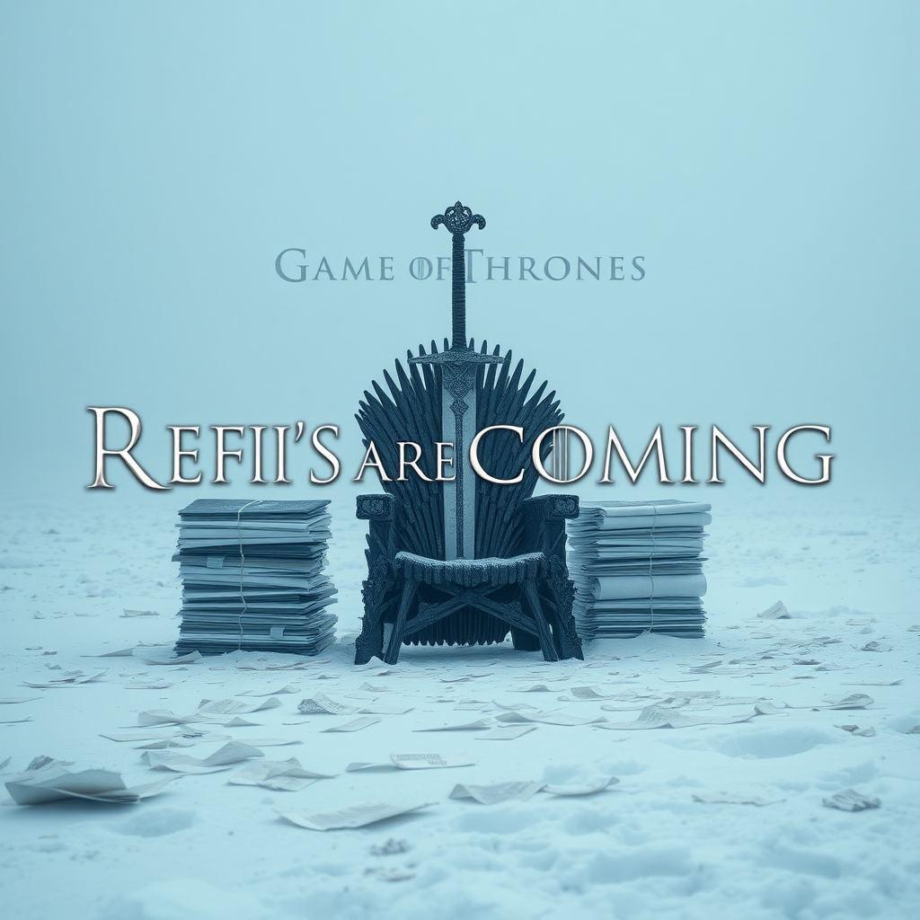 A legendary movie scene in Antarctica depicting the game of thrones sword chair made out of stacks of paper. The text in the background says Refi’s are coming. Epic theme and high quality cinematic elements. No animals or people. Winter storm, epic legendary shot. Stunning visuals. Papers are scattered across the frozen ground.