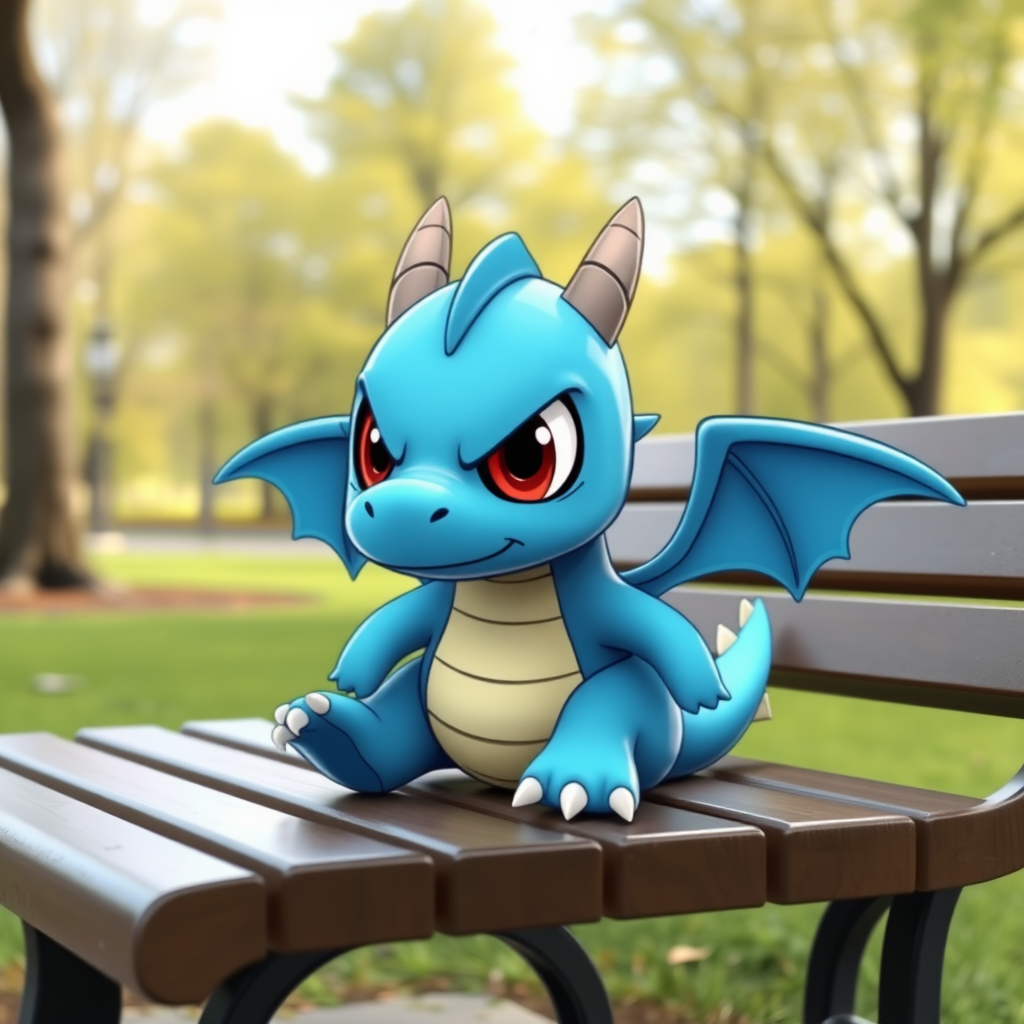 A cartoon blue small dragon with two legs, two arms, black angry eyes with red pupils and wings sitting on a bench in a park