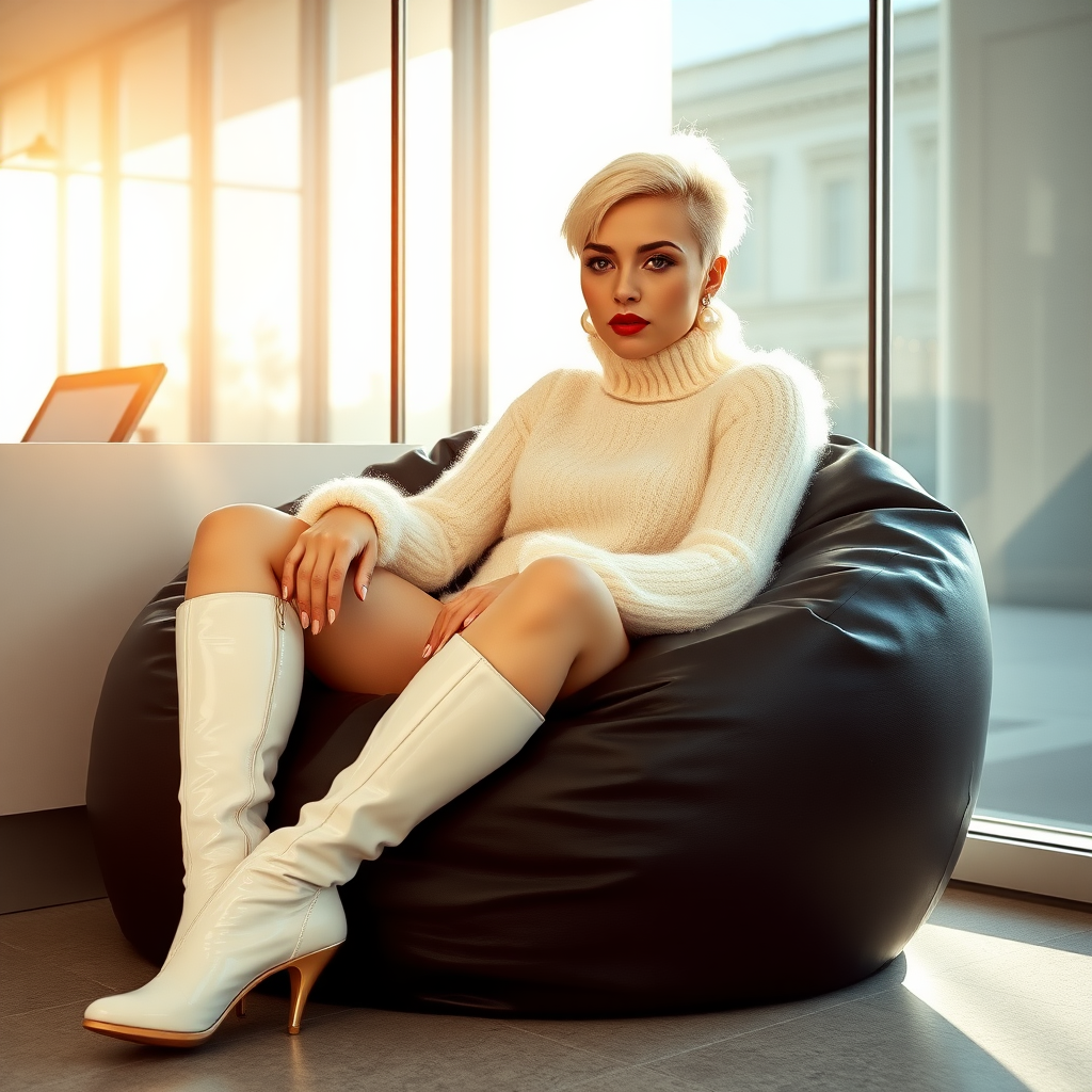 Sunny spring morning, modern glass-steel-concrete office, resting on black leather beanbag at wall, waiting for the master: Ana, European 17 years old very convincing femboy “trophy-bimbo”, tamed servile docile, very beautiful feminine flawless face, rather short boyish figure, platinum blond short tight curls, bold red lips, heavily made-up face, long French nails, wearing Supertanya-style chunky fluffy very fuzzy bright white plushy mohair figure-hugging turtleneck-knitdress with white pearl decoration, white vinyl thigh-high boots with golden heels, pearl earrings, serious, leaning forward presenting her assets, arrogantly looking at camera.