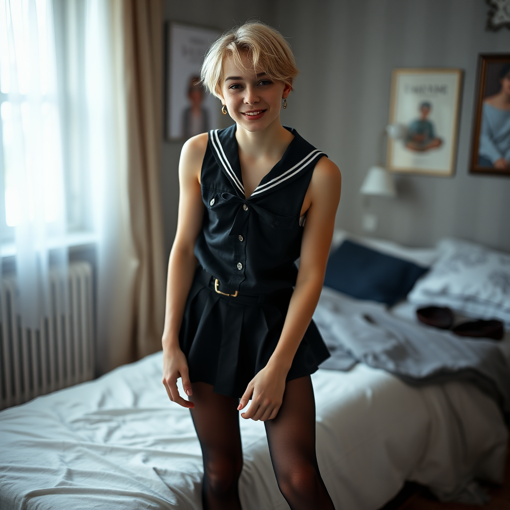 photorealistic, ultra high resolution, 16K, surreal fantasy, soft studio lighting, a pretty 16 year old goth male, slim male physique, short blonde hair, goth makeup, earrings, sheer black pantyhose, UK girls-school uniform, Mary-Jane shoes, in the bedroom - , excited smile, facing the camera.