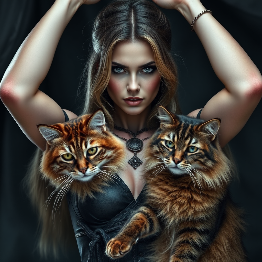 Imagine: Terrifying sorceress looking sexy and irresistible. Her body is preternaturally perfect. Staring directly into the eyes of the viewer. Arms up high. She has a brown Siberian Cat as a familiar. Perfectly staged scene of sorcery and companionship filled with insane details.