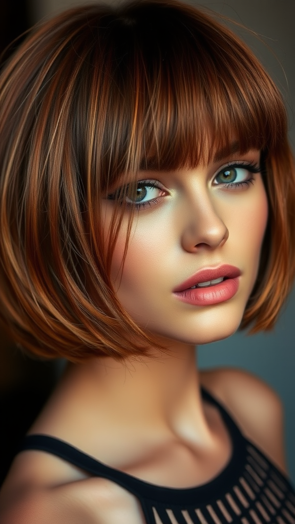 Beautiful model in close-up, square bob haircut, with autumn foliage, in high definition.