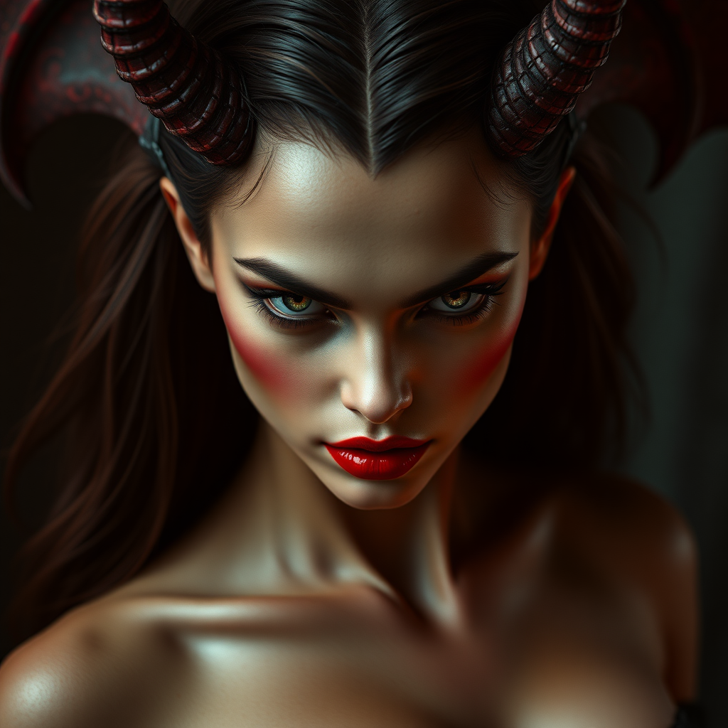 Terrifying succubus looking sexy and irresistible. Her body is preternaturally perfect. Staring directly into the eyes of the viewer.