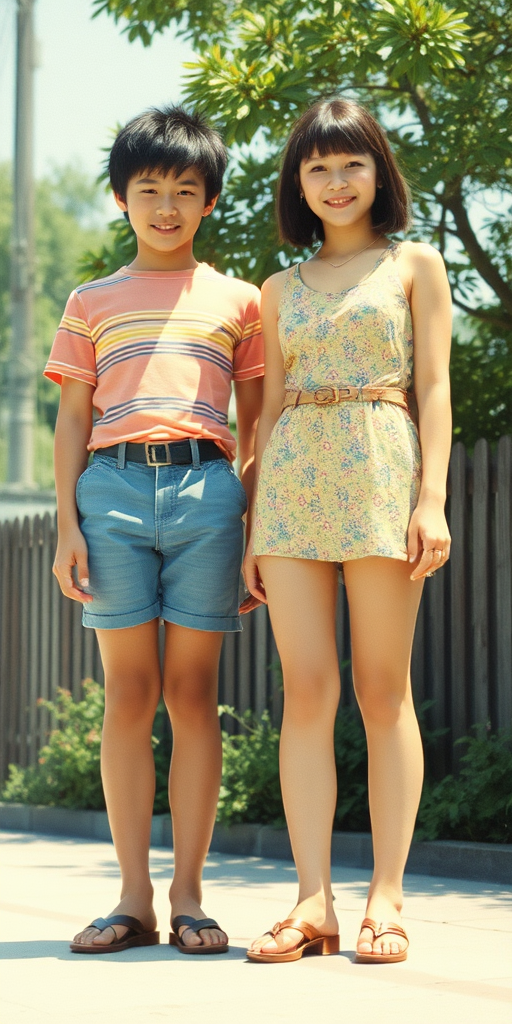 Vintage photo, 1970s. Hot summer. Japan. Tall 14yo teen boy and girl. Long legs, bare thighs. Full length view.