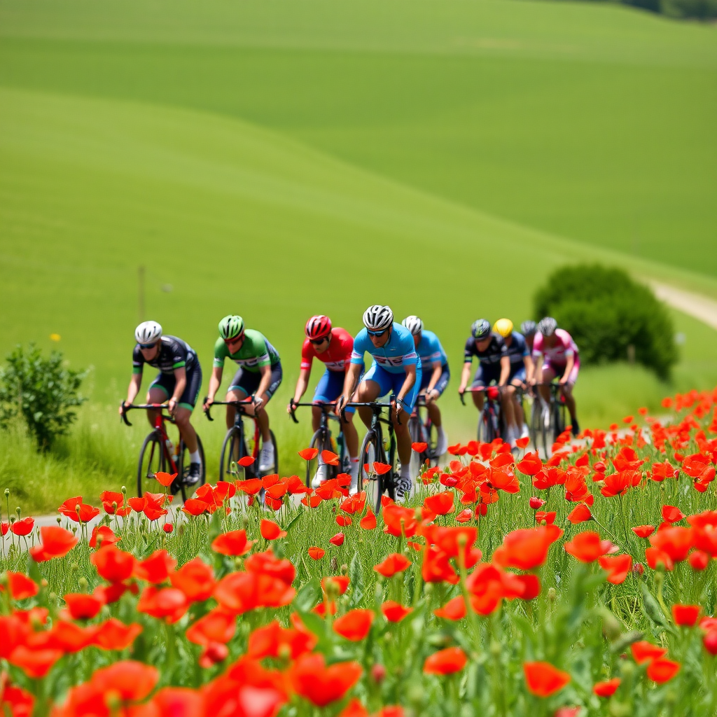 The peloton of the Tour de France whizzes past a field of poppies.