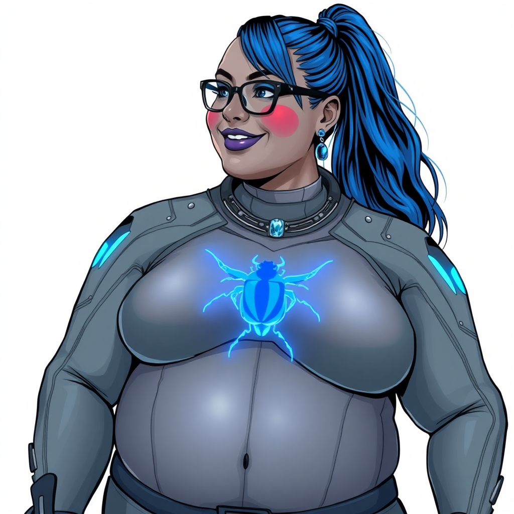 A cyberpunk vigilante’s full-figure middle gray metallic skinned computer program hybrid 28-year-old digital sidekick and loyal girlfriend. She has a long maximum blue ponytail and middle gray metallic skin. She wears maximum blue lipstick, blue eyes, a sapphire beetle gemstone necklace, sapphire earrings, black eyeglasses, and an oversized, digital, computerized, middle gray bodysuit featuring a neon blue glowing beetle chest icon accentuating her prominent, round, gargantuan midsection. She sports a beaming smile with a neon red blush. She serves as his minicomputer operating in his hi-tech wristwatch and supercar's onboard computer using her ability to hack into machines and computer to relay vital mission information. The background is solid white. She is drawn as if she was in a retro 2D cyberpunk fighting game. Her midsection is bloated to emphasize her figure.