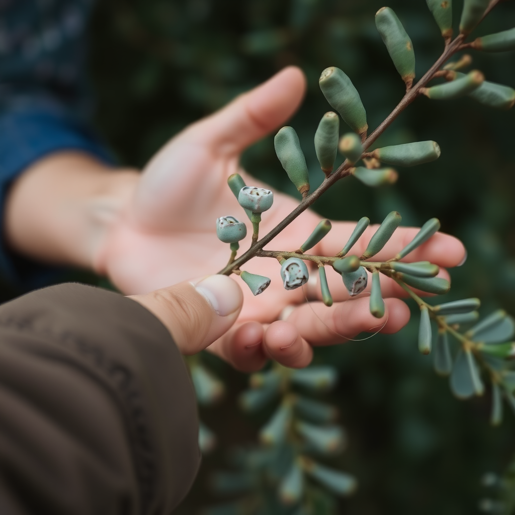 A view of a person's hand holding a eucalyptus sprig - a macro DSLR highlighting the balance of human and nature