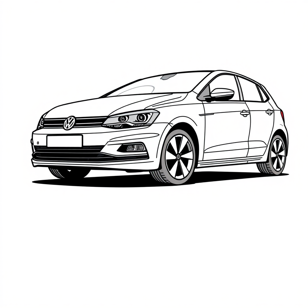 white vw polo V car, long establishing shot, 2D, caricature, cartoon, Sketch lines, coloring book, coloring book style on white background, well composed, clean coloring book page, No dither, no gradient, strong outline, No fill, No solids, vector illustration, realistic proportions, seen from the side