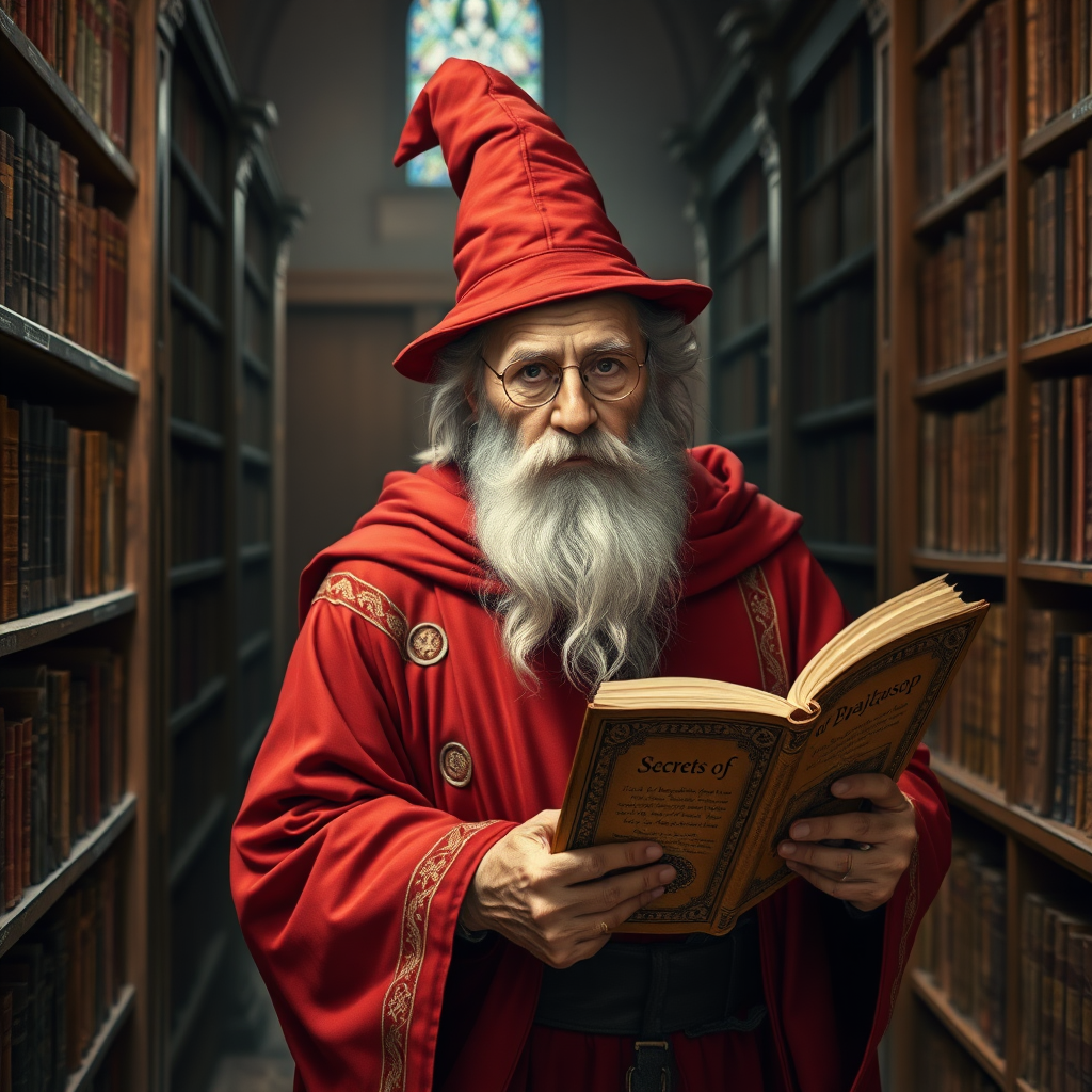 An old male wizard looking at camera in a red pointed hat and red robes with gold trim walking through a library while reading from an old book titled "Secrets of Brajkaisop"