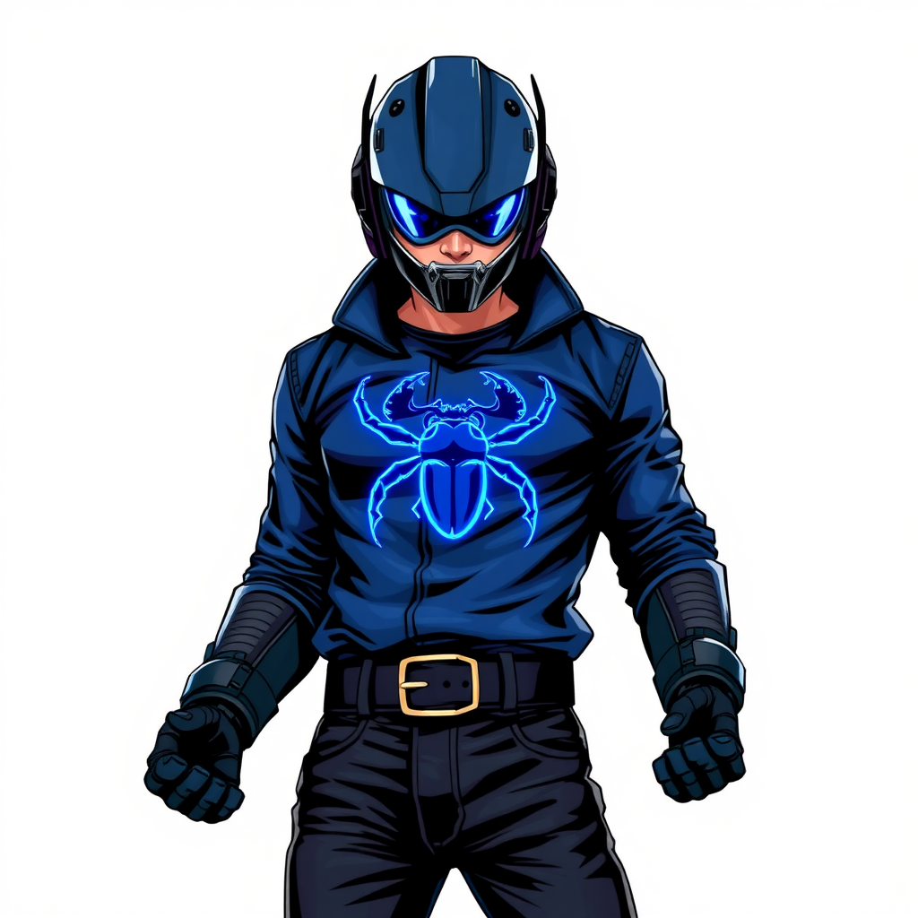 A 28-year-old hi-tech cyberpunk vigilante stands heroically, clad in hi-tech, maximum blue leather shirt featuring a neon blue beetle on the chest. He wears black biker pants, a black belt with a sapphire beetle buckle, and a helmet resembling a sleek, tactical design, but colored maximum blue with neon blue glowing lenses. Their hands are protected by black metal gloves, all set against a solid white background. He is drawn as if he was in a retro 2D cyberpunk fighting game.