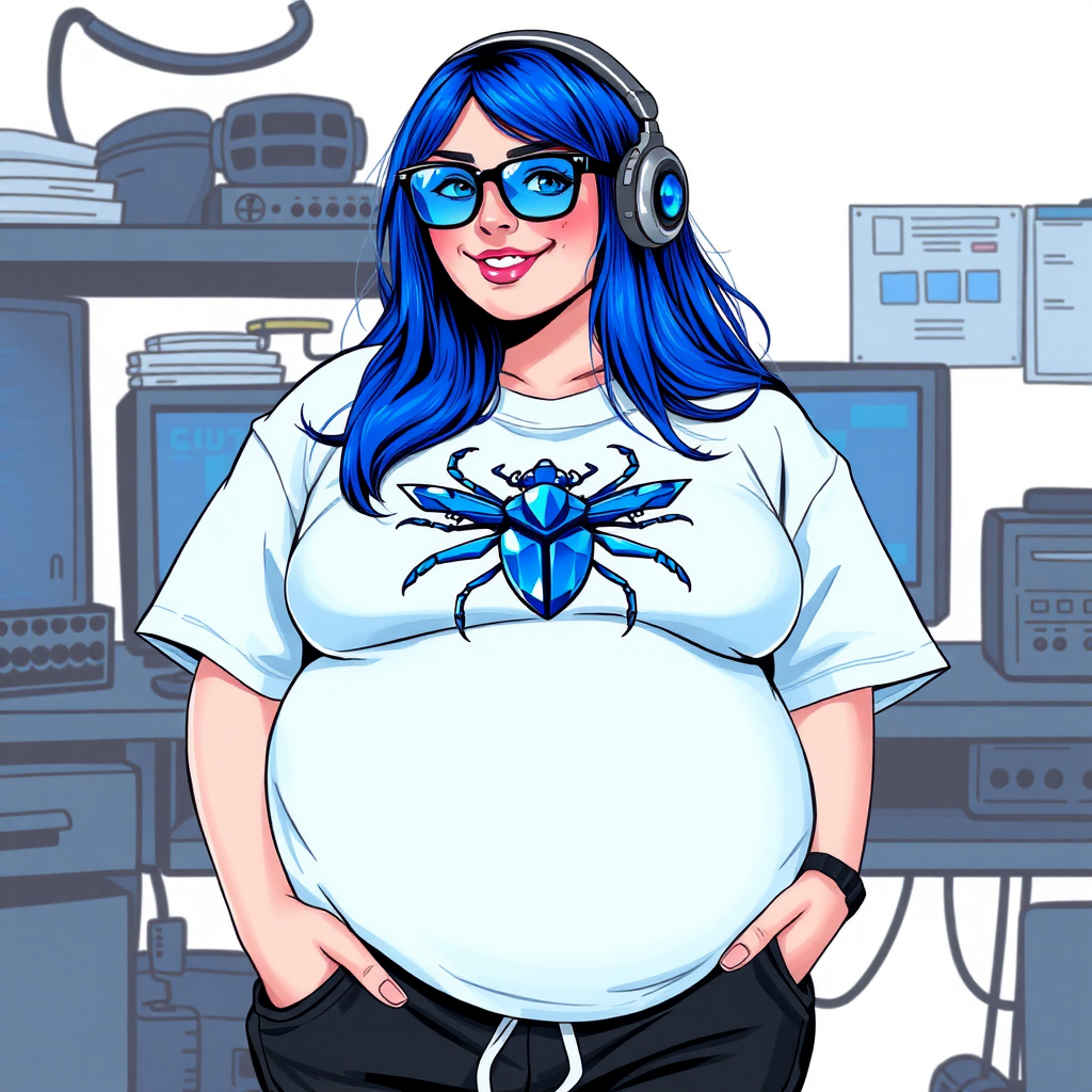 A cyberpunk vigilante's 28-year-old computer science major nerdy, full-figured, heavily pampered computer hacker and tech-wiz girlfriend with long, maximum blue hair. She wears maximum blue lipstick and has bright blue eyes. Her outfit includes an oversized, maximum blue t-shirt (accentuating her gargantuan midsection) featuring a maximum blue gemstone beetle chest emblem. She sports black eyeglasses, black sweatpants, a sapphire headset with a maximum blue lensed HUD, with a beaming smile and neon red blush. Her full figure reflects the doting care of her vigilante boyfriend. As her boyfriend's tech-wiz, she primarily works in his hideout, operating from her workbench and her computer desk. The background is solid white. She has a prominent, round, gargantuan midsection. Her midsection is bloated to emphasize her full figure. She is drawn as if she was in a retro 2D cyberpunk fighting game.