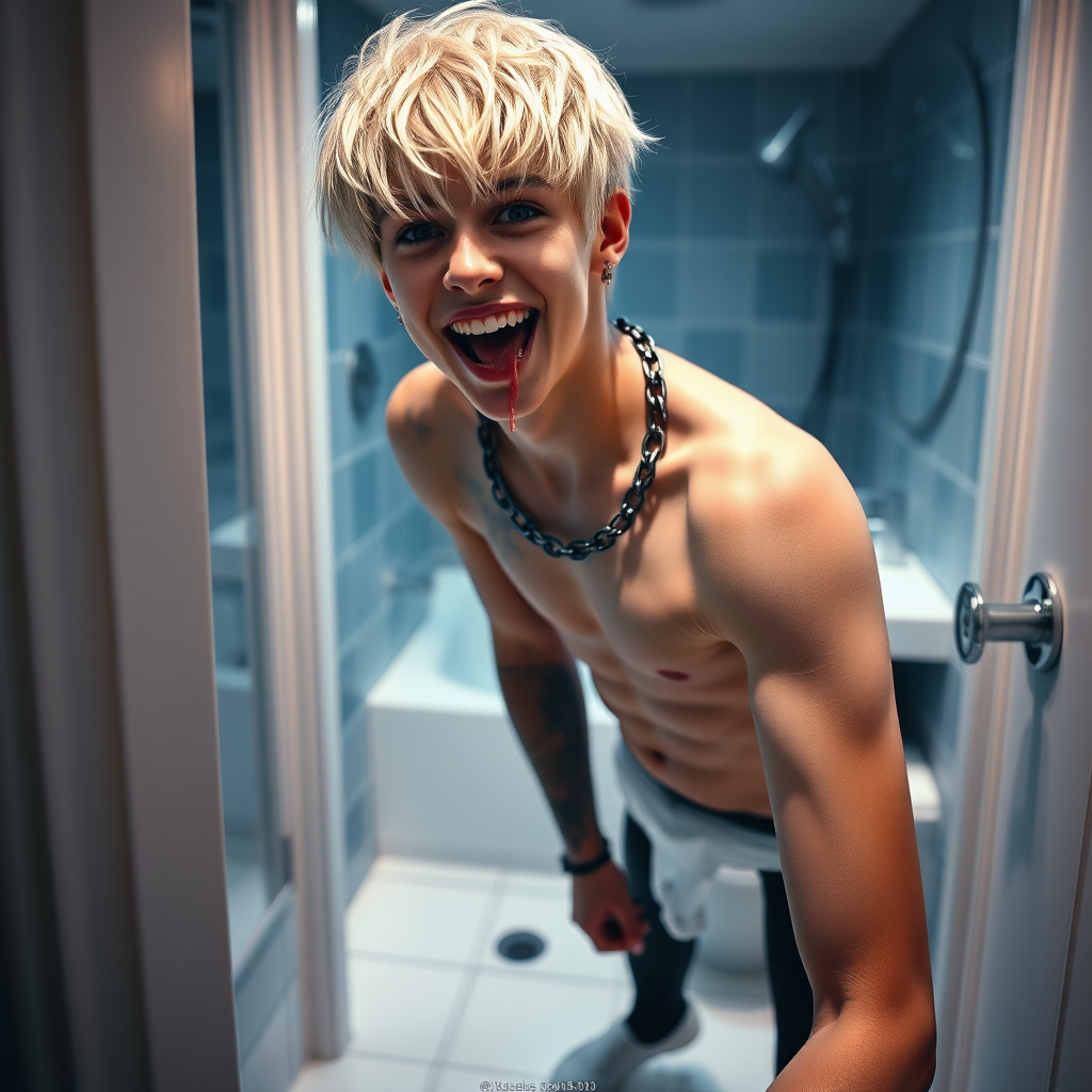 photorealistic, ultra high resolution, 16K, surreal fantasy, studio lighting, a pretty 16 year old goth boy, slim male physique, short blonde hair, goth makeup, earrings, spiky chain and leash, pantyhose, white ballet shoes, in the bathroom, excited smile, facing the camera, drooling from his mouth.