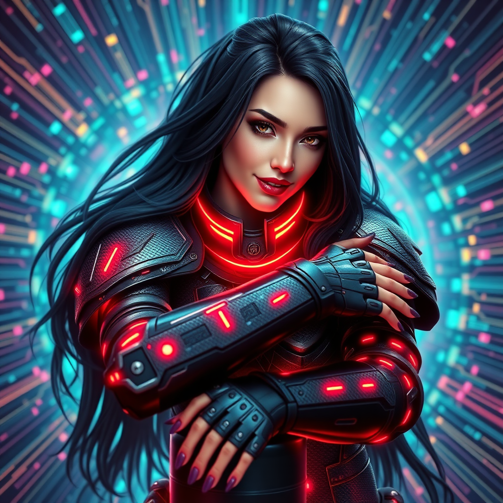 A fierce female warrior with long, flowing black hair, her armor made from carbon fiber etched with glowing rainbow-colored circuits, lining strip of RGB LED lighting and electronic chip, stands in the heart of a digital nexus. Leaning on an object, her head slightly tilted, looking at the viewer smiling, with fake nails and nail polish, wearing a fingerless gauntlet. Surrounding her is a vortex of luminous circuitry, casting intricate patterns of light on her armor. The scene is rendered with photorealistic detail, the lighting capturing the interplay between the metallic textures and the pulsating rainbow-colored energy of the digital backdrop. 3D render in Unreal Engine.