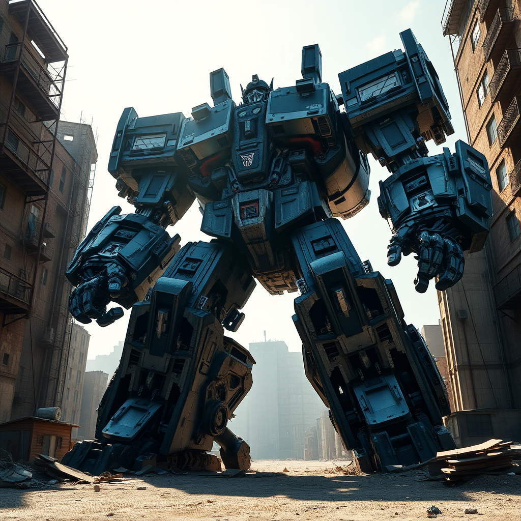 The huge Transformer Devastator stands majestically on the vast land, the body is magnificent, the metal texture is strong, the expression is serious, surrounded by dilapidated buildings, realistic style, strong sunlight, top light, looking up, full body