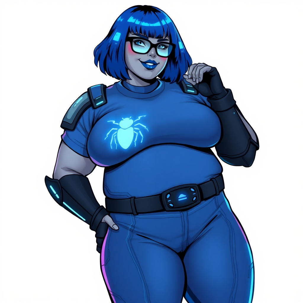 A 28-year-old, full-figured, middle gray skinned computer program hybrid with a maximum blue bob cut. She has a non-athletic build, highlighted by a prominent, round, large midsection (with heavy emphasis on her large belly). As the full-figured digital sidekick to her cyberpunk vigilante boyfriend, her middle gray metallic skin and maximum blue lipstick emphasize her digital nature. She wears a digital, computerized costume inspired by DC’s Carrie Kelly Robin, consisting of a huge, tight-fitting, maximum blue t-shirt with a neon blue glowing chest icon of a beetle, hi-tech shoulder pads with neon blue accents, a black hi-tech belt with a digital neon blue glowing buckle, digital maximum blue pants with neon blue accents, and black hi-tech fingerless biker gloves with neon blue glowing accents. Her bright blue eyes, black eyeglasses with a neon glowing blue lenses with built-in HUD, and shy smile with neon red blush accentuate her nerdiness. She stands bashfully with one hand behind her back and the other hand gently touching her cheek, her costume covering all her skin and emphasizing her full-figured physique (especially her belly). She is clearly non-athletic, with a heavy focus on her large belly. Despite her build, she radiates beauty. She has a slim face compared to her physique, accentuating her radiant beauty. She is on a solid white background. She is drawn as if she were in a retro 2D cyberpunk fighting game.