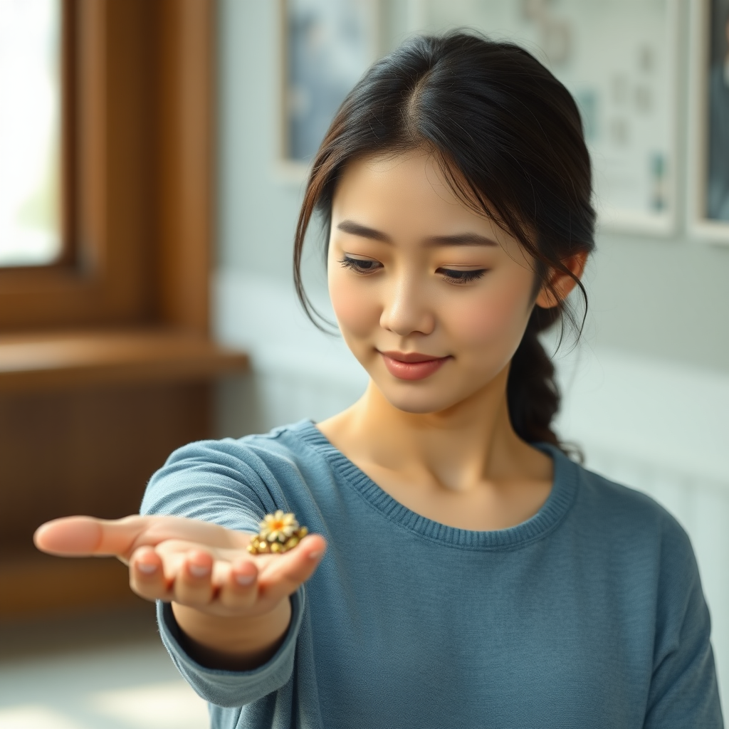 photorealistic Korean woman holds her arm outstretched, looking at something resting on her palm