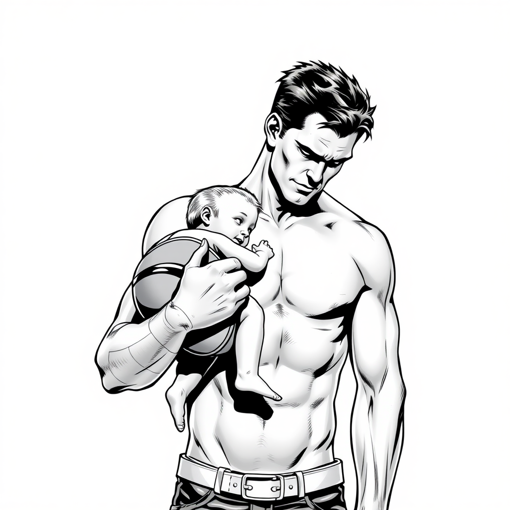 shirtless man carrying baby, dc comics style, colorless