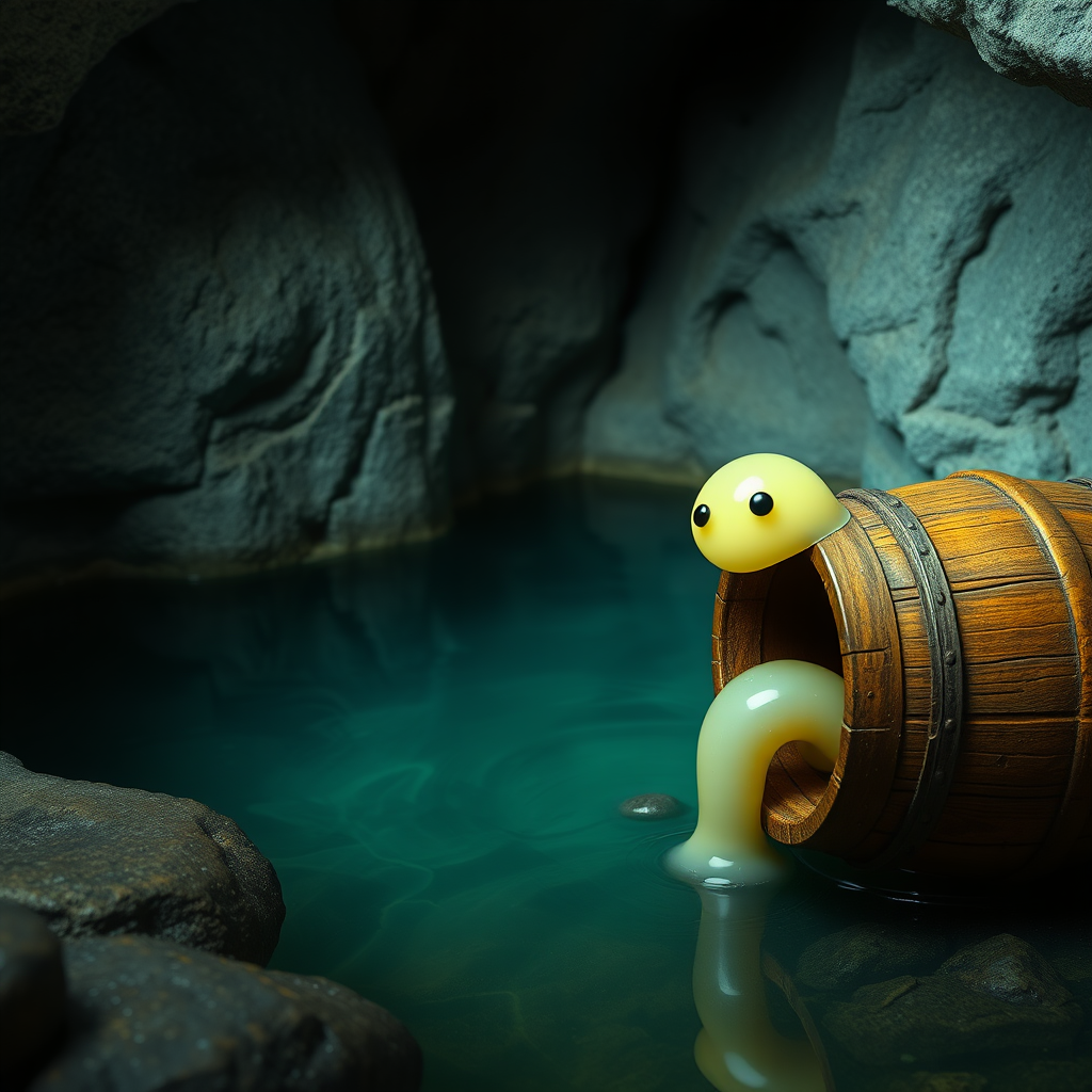 A photo realistic small pool in a cave with a wooden barrel next to it that has a small round transparent pale yellow slime monster crawling out of the barrel.