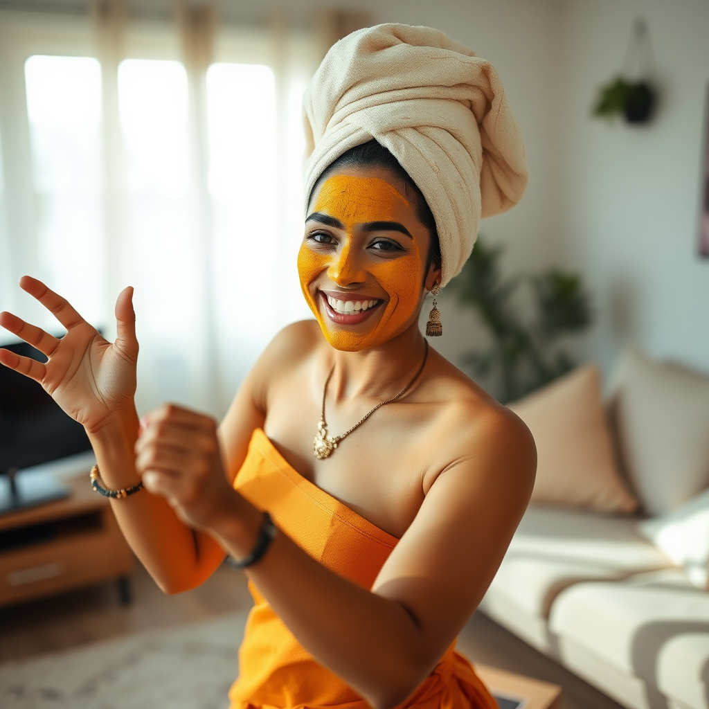 slim, 30 year old, indian Bride, towel head, turmeric face mask. She is happy and dancing in living room.