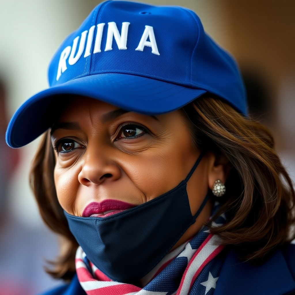 Kamala Harris wearing a blue cap with white text "RUIN AMERICA"