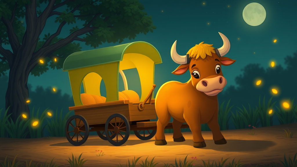 A cute cart and bull at night with some fireflies around animation.