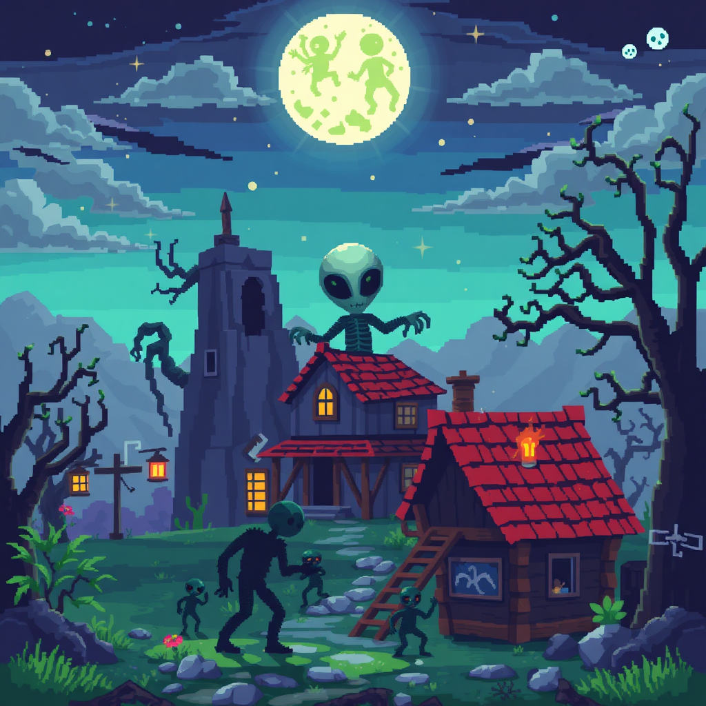 pixel alien abduction zombie village