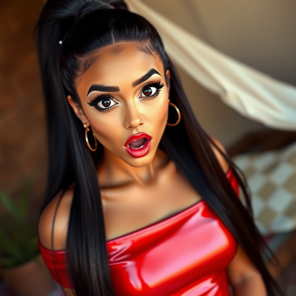 surprised Arabian girl with mouth open. She has very large eyes, black eyeshadow, black eyeliner, fake eyelashes, very tanned skin, very long hair. very high ponytail, red off shoulder shinny crop top. photo realistic, long straight black hair. crop top, pencil skirt, micro skirt, long legs.