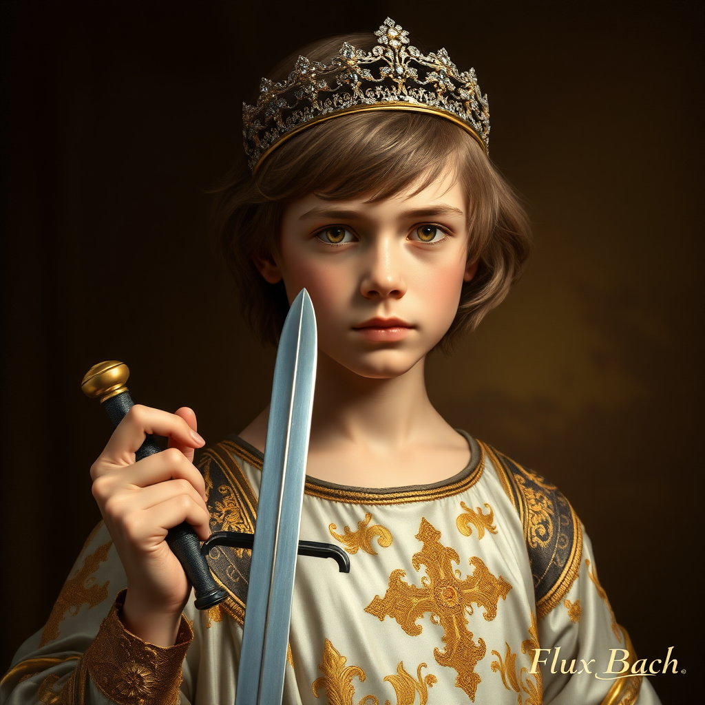 16yo teen boy prince holds his one small sword in a scabbard in his right hand by the hilt, long bob cut, embroidered with gold and diamonds medieval cloths, diamond diadem, natural Skin Texture, visualization of embossed Skin using the play of light and shadow. Free style by 50% Adolphe William Bouguereau and 15% Sandro Botticelli and 35% Otto Lomüller, The background is in the style of landscape style by Antonio del Polaiolo.  Studio lighting, professional lighting. Generating the signature at the bottom: FluxBach. ultra high resolution, 16K,