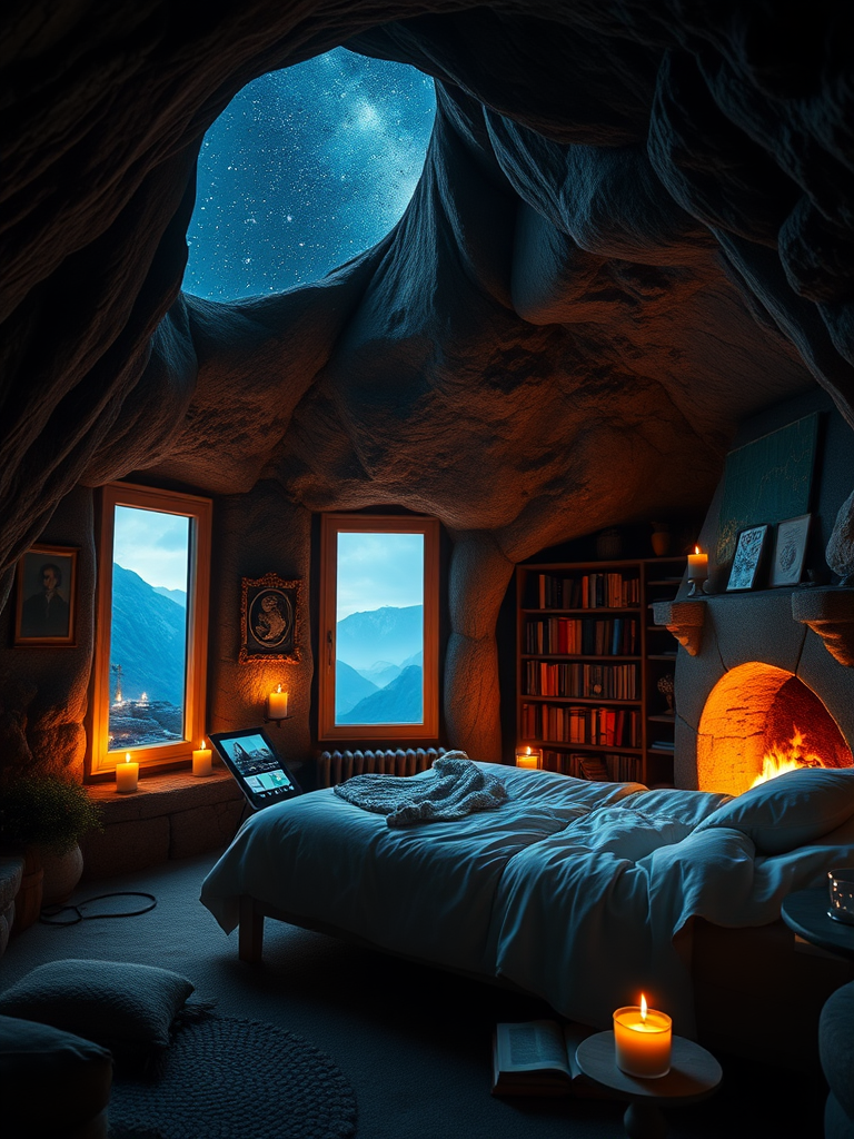 In a tranquil cave, there is a cozy little cottage with large windows embedded in the walls, through which the starry sky and mountain scenery can be seen. Inside, there is a comfortable bed, with a display screen on the bedside showing various data and graphics. The room is lit by candlelight, giving off a soft glow that brightens the entire space. In the corner, there are some books, and the bookshelf is filled with a variety of different types of books. A warm flame burns in the fireplace, radiating comforting heat that makes one feel relaxed and at ease. Reality, realistic, true.