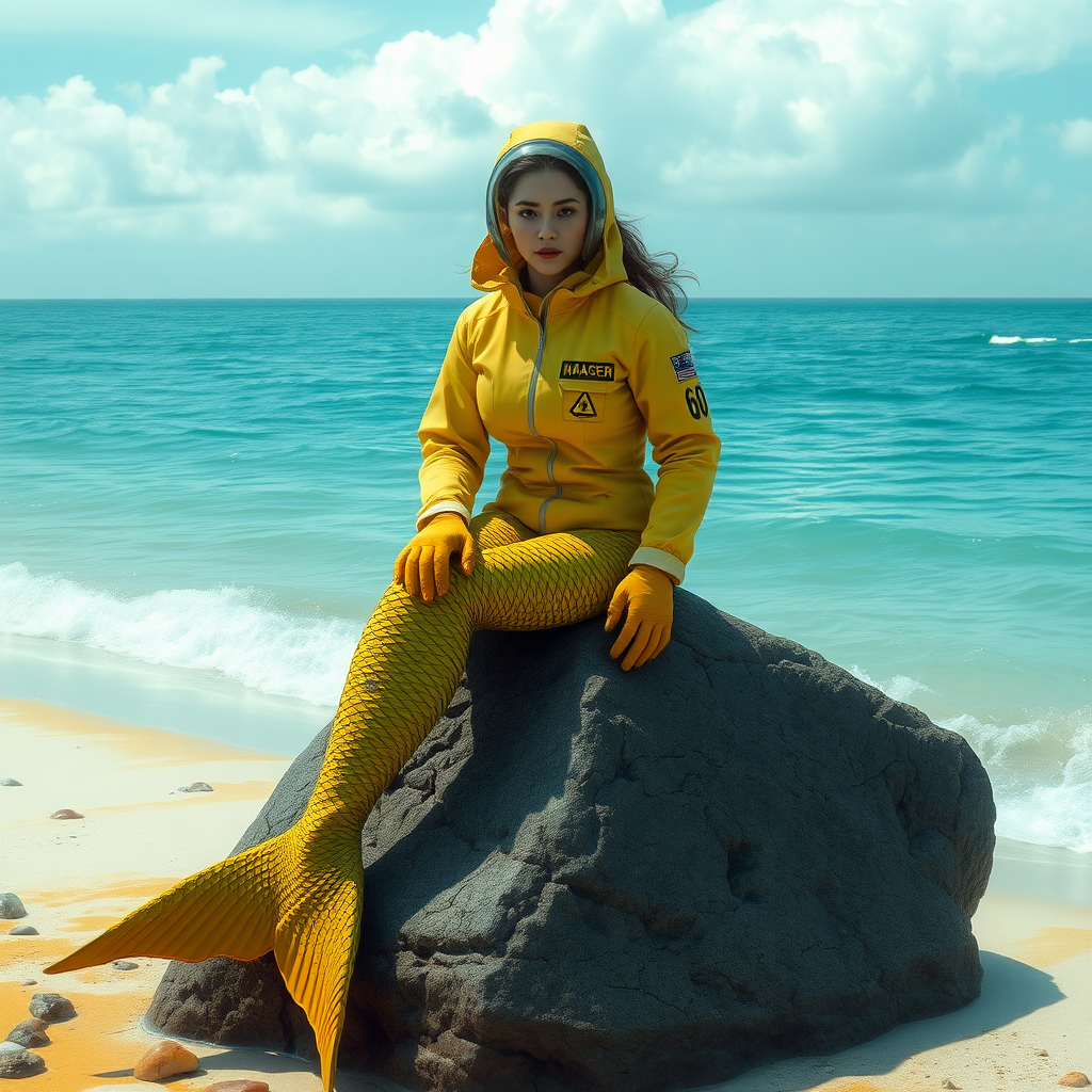 A realistic female mermaid wearing a hazmat suit while sitting on top of a rock on a toxic looking beach. No hair