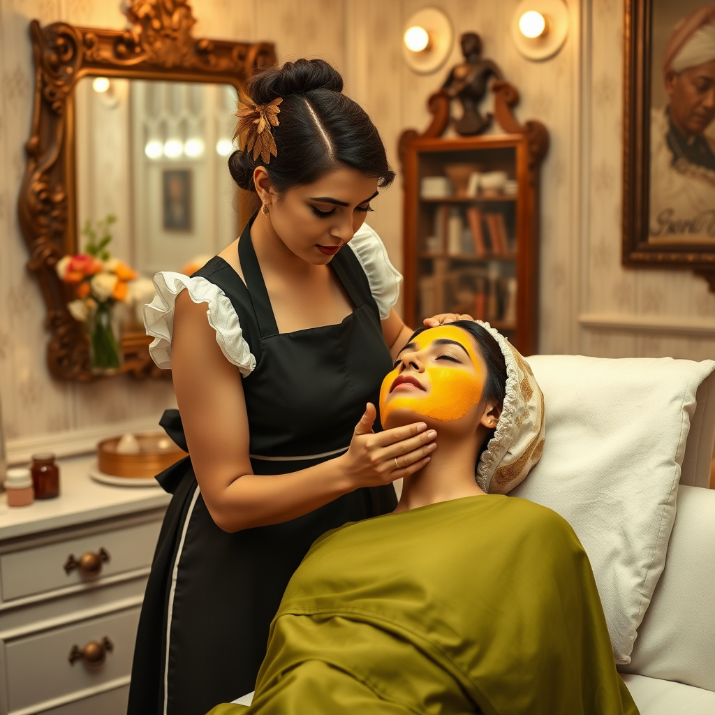 female french maid working in beauty parlour, giving turmeric facial to indian wife