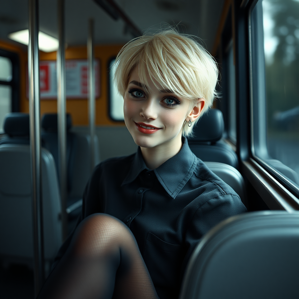 photorealistic, ultra high resolution, 16K, surreal fantasy, soft studio lighting, a pretty 18 year old goth male, slim male physique, short blonde hair, goth makeup, earrings, shiny black pantyhose, UK girls-school uniform, Mary-Jane shoes, sitting in the school bus, excited smile, facing the camera.