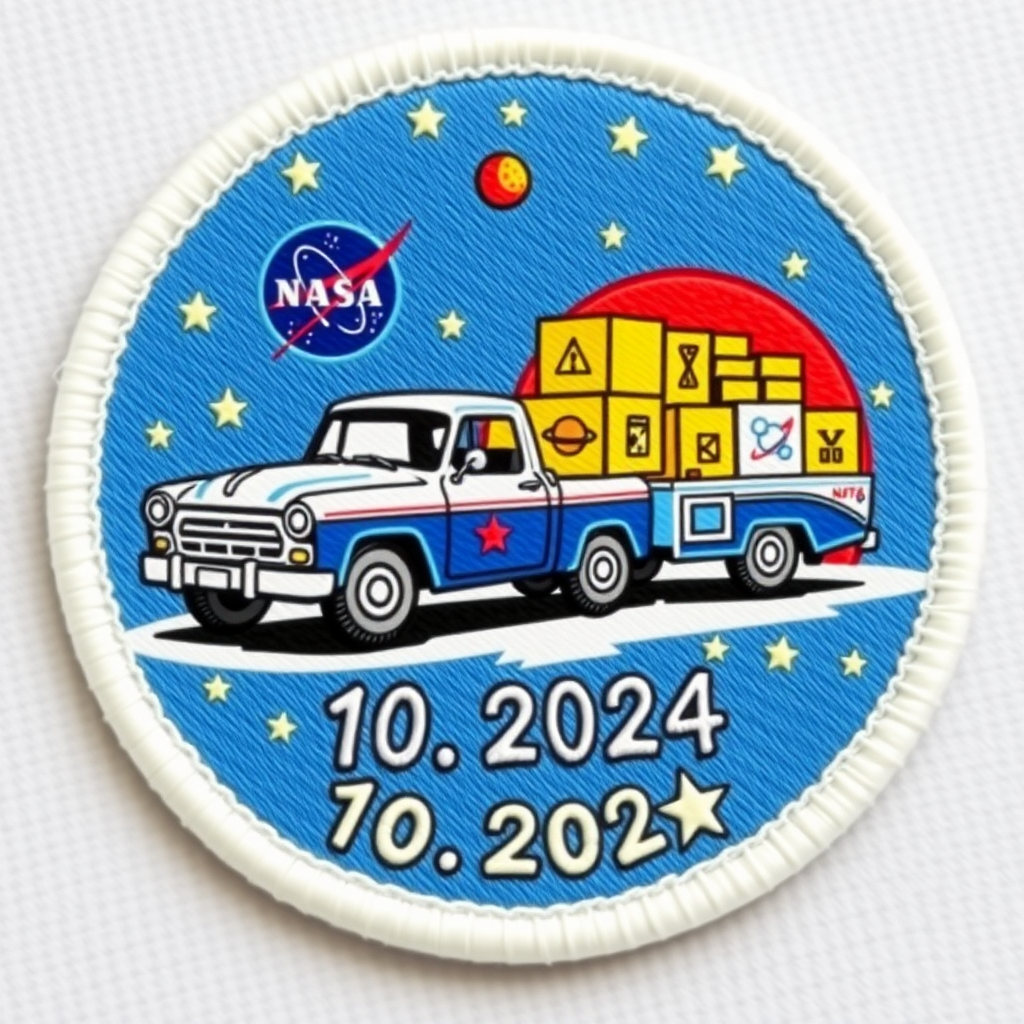 A retrofuturistic NASA mission patch with a vintage aesthetic. It features a stylized image of a blue and white painted pickup truck from the 1970's or 80's, in the style of a 'Rat Rod', pulling a trailer with square, boxy shapes, emblazoned with the NASA logo and the word 'Moving'. The trailer is crammed with boxes, each with a hand-drawn symbol representing a different planet or celestial body. The mission date '10/2024' is written in a hand-drawn, vintage font, beneath the truck and trailer. The patch has a circular shape, with a white border and stars embedded into the background. The color palette is a retro color scheme of blue, red, yellow, and white, reminiscent of the 1960's. The patch is designed to evoke a sense of nostalgia and excitement for a bygone era of space travel.