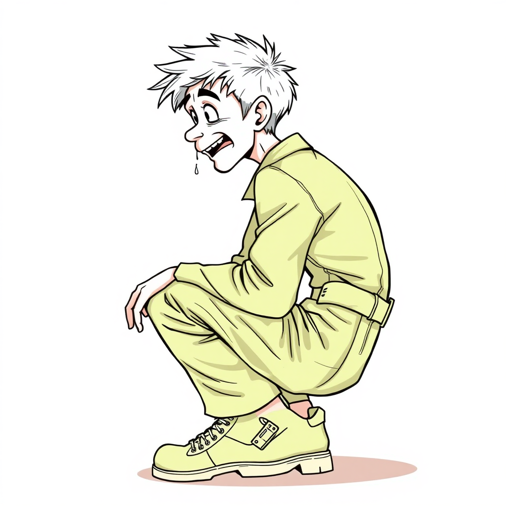 nervous small 15 year old european skinny man, long sleeves green coveralls, tense fabric, squatting, stunned, mesmerized, joyful, heavy drooling, side view, safety shoes, detailed feet, 2D, caricature, cartoon, Sketch lines, coloring book, coloring book, side rear view