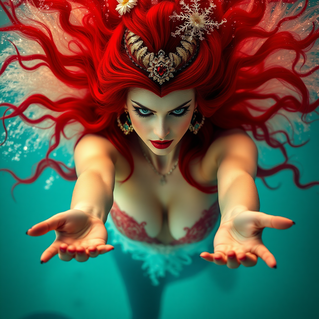 Vampirella as a mermaid underwater hair floating in a nimbus around her beautiful face her arms outstretched towards the viewer and she's looking down into the viewer's eyes making intense eye contact. diaphanous. Real DSLR HD Photography. Burlesque