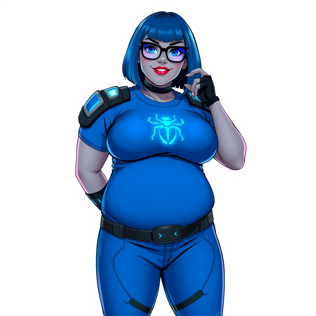 A 28-year-old, full-figured, middle gray skinned computer program hybrid with a maximum blue bob cut. She has a non-athletic build, highlighted by a prominent, round, large midsection (with heavy emphasis on her large belly). As the full-figured digital sidekick to her cyberpunk vigilante boyfriend, her middle gray metallic skin and maximum blue lipstick emphasize her digital nature. She wears a digital, computerized costume inspired by DC’s Carrie Kelly Robin, consisting of a huge, tight-fitting, maximum blue t-shirt with a neon blue glowing chest icon of a beetle, hi-tech shoulder pads with neon blue accents, a black hi-tech belt with a digital neon blue glowing buckle, digital maximum blue pants with neon blue accents, and black hi-tech fingerless biker gloves with neon blue glowing accents. Her bright blue eyes, black eyeglasses with a neon glowing blue lenses with built-in HUD, and shy smile with neon red blush accentuate her nerdiness. She stands bashfully with one hand behind her back and the other hand gently touching her cheek, her costume covering all her skin and emphasizing her full-figured physique (especially her belly). She is clearly non-athletic, with a heavy focus on her large belly. Despite her build, she radiates beauty. She has a slim face compared to her physique, accentuating her radiant beauty. She is on a solid white background. She is drawn as if she were in a retro 2D cyberpunk fighting game.