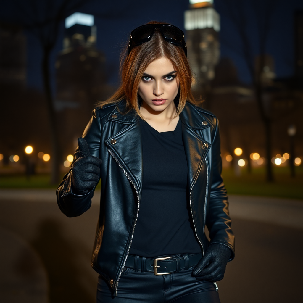 A beautiful angry female burglar in black leather jacket over black t-shirt with black pants and gloves in Manhattan park at night.