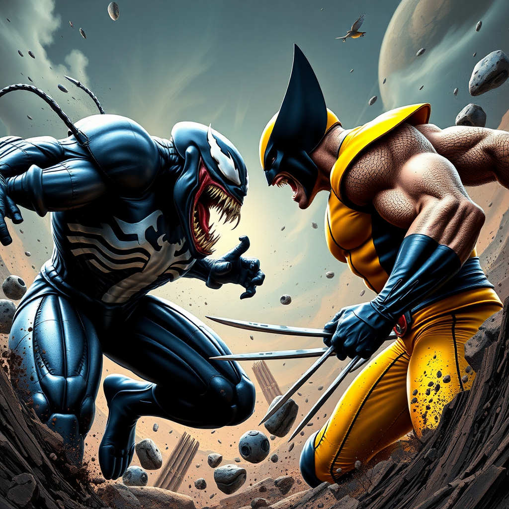 Jumping out of an epic comic book cover is Venom Vs Wolverine head-to-head in battle. Cinematic Real3d photo-realistic quality.