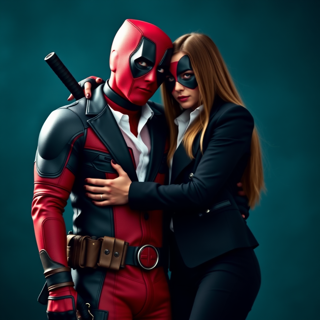 Deadpool wearing classic red and black Deadpool suit and a beautiful straight long haired female burglar in a black blazer over white shirt with black pants hugging each other as a loving couple in the action movie.