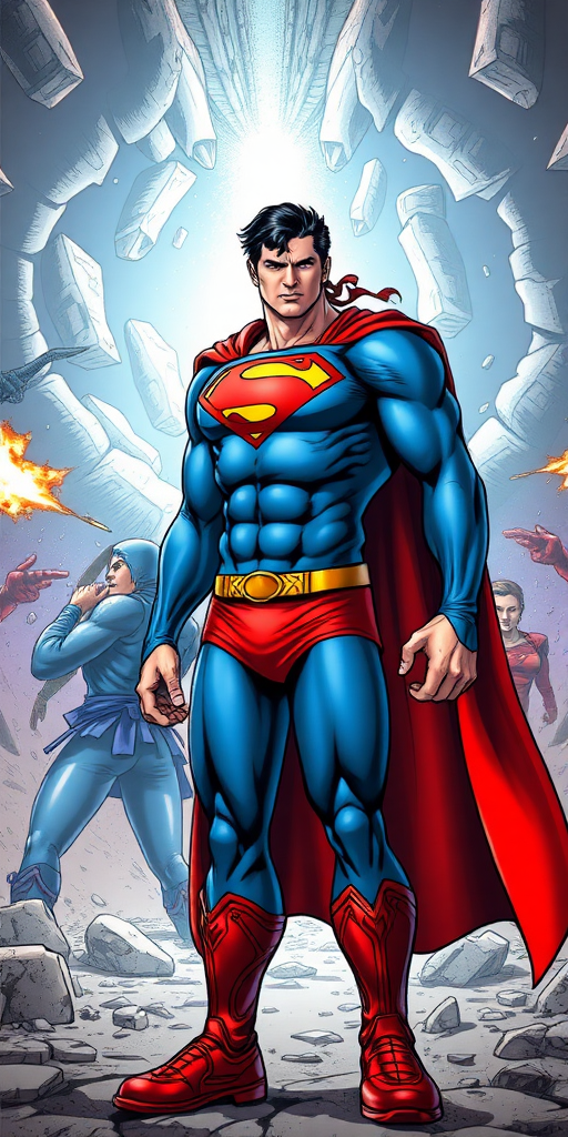 Create a full-length, highly detailed image of Superman with the body of Chun-Li, from the Street Fighter video game, standing in a dynamic battle scene. Superman, appearing surprised and bewildered, maintains his iconic red cape and "S" emblem but has Chun-Li's feminine build and blue outfit. He stands amidst an intense showdown with alien forces, the backdrop featuring a dramatic rip in the cosmic fabric of the universe. The scene should blend comic book and video game art styles, emphasizing both the chaos of battle and the character's astonishment at his transformation.