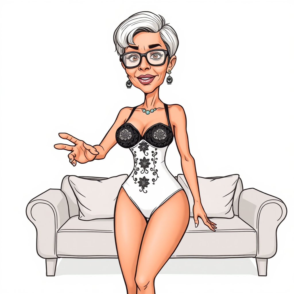 a towering 55 Years old, fit, slim, European, Latina, sharp aquiline nose, wrinkles, high cheekbones, Middle Eastern, Skinny, Tanned skin, Dark light skin, Rounded Medium breasts, Skinny thighs, full Makeup, jewelry, Serious face, Sharp nose, Ash hair, short bowl haircut, Brown eye color, Glasses, with detailed features. she is wearing embroidered black mesh balconette bras and a tight white high cut 1980s mesh cut out swimsuit, detailed fabric.  full body, high heels sandals, she is hand gesturing at the viewer to join her on a couch, sweating, 
long establishing shot, 2D, caricature, cartoon, Sketch lines, coloring book, coloring book style on white background, well composed, clean coloring book page, No dither, no gradient, strong outline, No fill, No solids, vector illustration, realistic proportions