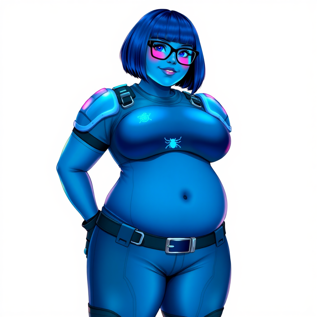 A 28-year-old, full-figured, metallic maximum blue (5PB 5/10) skinned computer program hybrid with a maximum blue bob cut. She has a non-athletic build, highlighted by a prominent, round, large midsection (with emphasis on her round large belly), which shows the effects of her new love of junk food acquired from her boyfriend. As the full-figured, nerdy, digital sidekick to her cyberpunk vigilante boyfriend, her metallic maximum blue skin and maximum blue lipstick (5PB 5/12) emphasize her digital nature. Her skin has a subtle, animated glow, with digital patterns occasionally flickering across it, making her digital nature obvious. She wears a digital, computerized costume, consisting of a massive, tight-fitting, maximum blue biker shirt (5PB 5/12) made out of advanced nanotech with a neon blue glowing chest icon of a beetle, hi-tech shoulder pads with neon blue accents, a black hi-tech belt with a digital neon blue glowing buckle, digital maximum blue biker pants (5PB 5/12) with neon blue accents, and black hi-tech fingerless biker gloves with neon blue glowing accents. Her neon blue glowing eyes, black eyeglasses with neon blue glowing lenses equipped with a built-in HUD, and bashful smile with neon red blush accentuate her nerdiness. She stands bashfully with one hand behind her back and the other hand gently touching her cheek, her costume covering all her skin and emphasizing her full figure (especially her round large belly). She is clearly non-athletic, with a focus on her full-figured physique. Despite her build, she radiates beauty. She has a slim face compared to her physique, accentuating her radiant beauty. She is on a solid white background. She is drawn as if she were in a retro 2D cyberpunk fighting game.