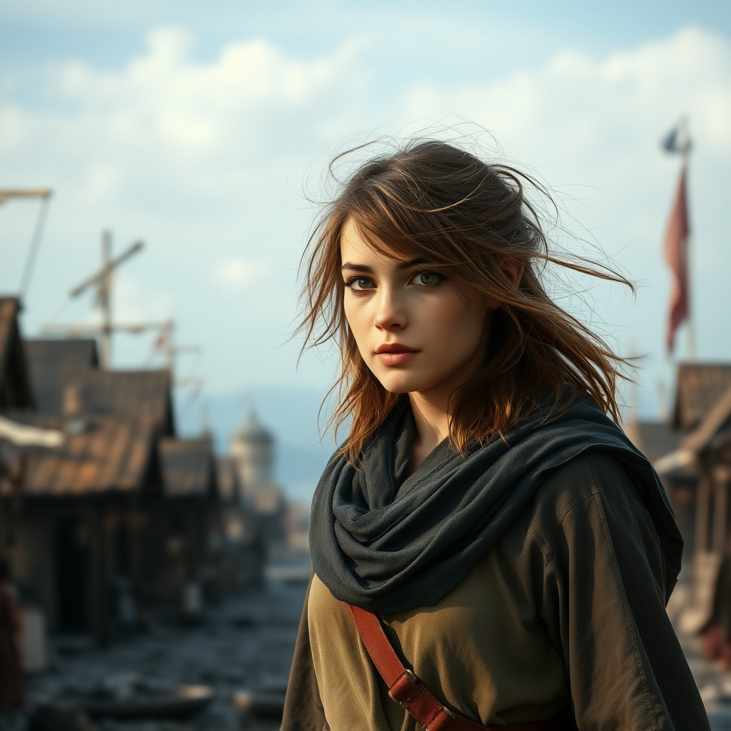 A wide distance shot of a pretty twenty-something elven female with a face resembling Ana de Armas. She is walking through a Dungeons and Dragons port called Waterdeep. Messy shoulder-length hair tussled by wind. Photorealistic, digital matte painting, WLOP.