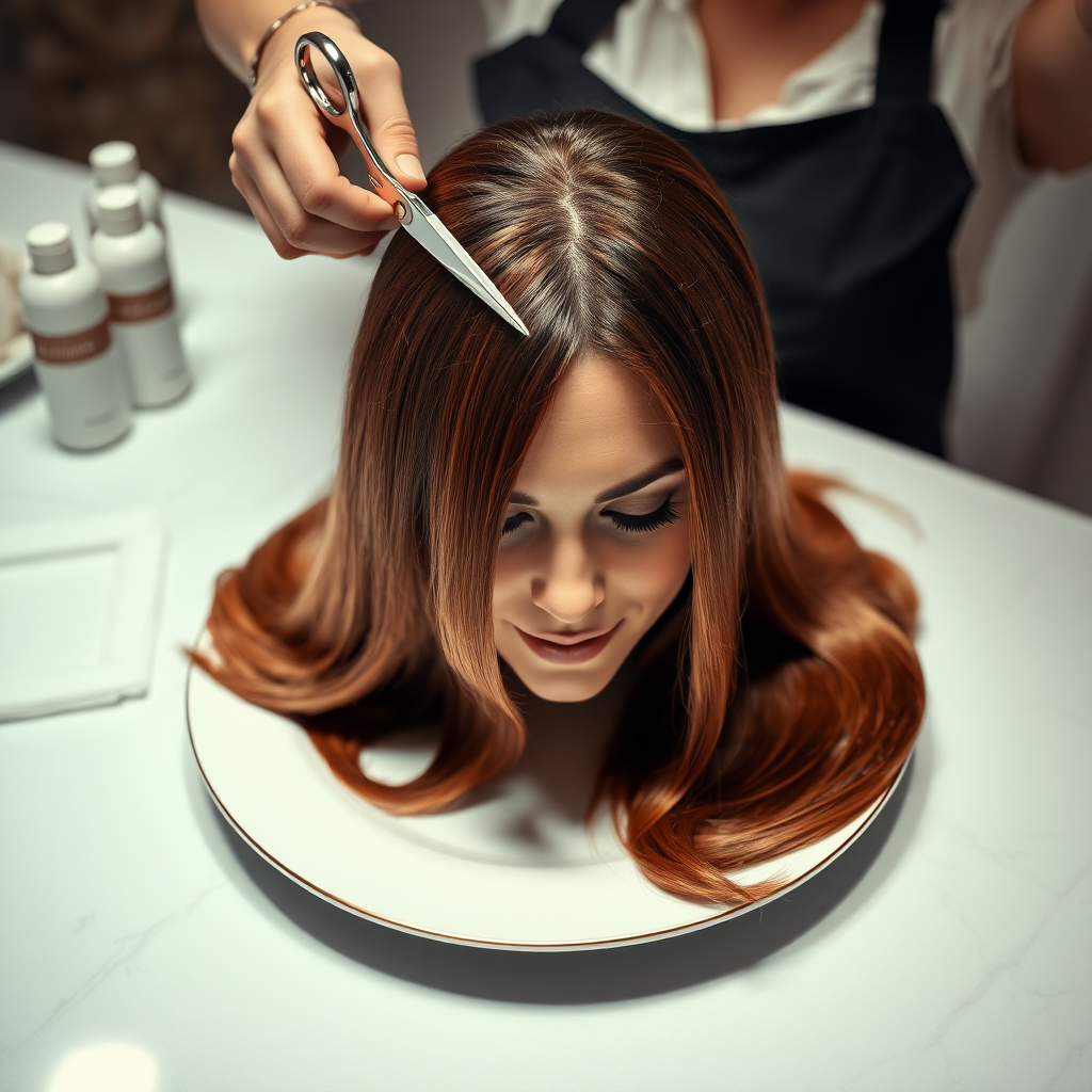 In a bizarre, surreal tableau, the polished surface of an elegant dining plate cradles the disembodied head of a strikingly beautiful Kate Middleton, her long, flowing hair cascading like a glossy waterfall of deep chestnut and honey highlights. The hair is luxuriously arranged, strands shimmering under the soft, ambient light that bathes the scene in an ethereal glow.

A skilled hairdresser, clad in a sleek black apron, stands poised with a pair of gleaming scissors, carefully trimming the endlessly luxurious locks that frame Kate's serene, almost ethereal features. The air is thick with the scent of salon products mingling with delicate hints of floral fragrances, creating an unusual yet strangely inviting atmosphere. The hairdresser's focused expression reveals a meticulous dedication as snippets of hair fall gracefully onto the pristine plate, echoing a sense of both artistry and absurdity.

The overall emotional tone conveys a dreamlike quality, inviting viewers to ponder the juxtaposition of beauty, identity, and the bizarre circumstances that bind them in this extraordinary moment.