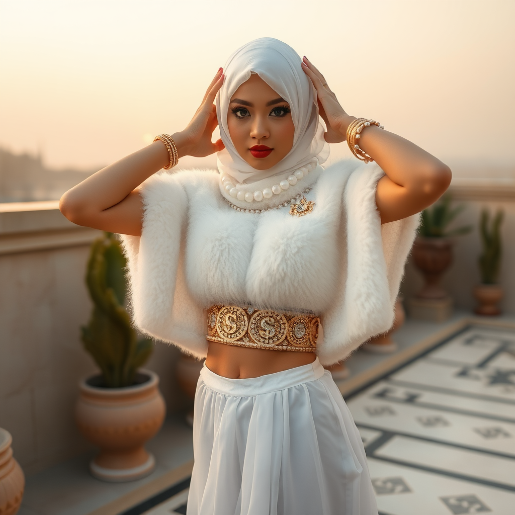 Kuwait desert palace harem patio misty dawn: Melissa, European 17 years old very convincing femboy “trophy-bimbo”, tamed servile docile, very beautiful feminine flawless face, rather short, by hormones very curvaceous womanly figured, heavily made-up eyes, wearing Supertanya-style fluffy very fuzzy bright white angora turtleneck-poncho cropped ending under bust decorated with pearls and gemstones, striking oriental wide gold bridal protection belt, white fully transparent harem pants, full Oriental bridal jewelry, face covered by white sheer full Burka, coin anklets, striking diamond “$$$” letter brooch on left chest, pout frustrated, seductively dancing hands over her head, looking at camera. Focus on face and turtleneck-poncho.