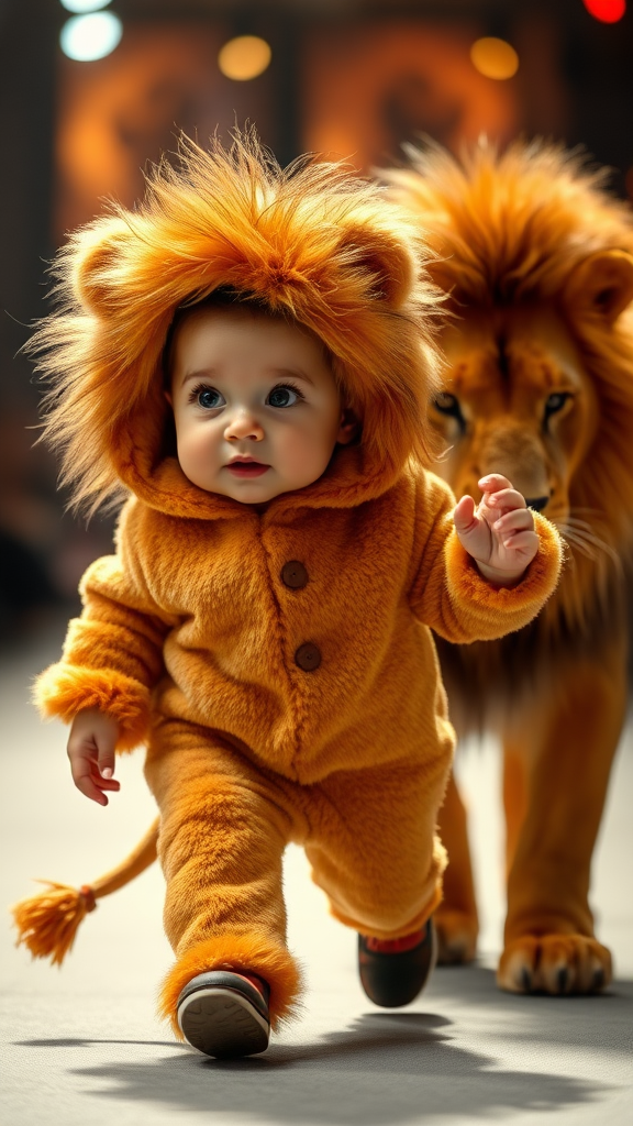 A cute small chubby fair baby with big eyes, pink lips, and pink cheeks is wearing a furry cozy lion costume, doing a ramp walk in a fashion show, walking with a real lion while holding it with one hand. Cinematic.