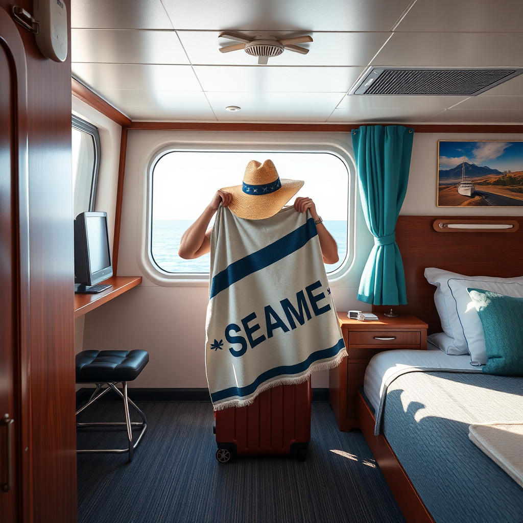 create a photo realistic image of a tourist in a cruise ship cabin sneaking into his suitcase branded towel. Make the image rectangle and not square