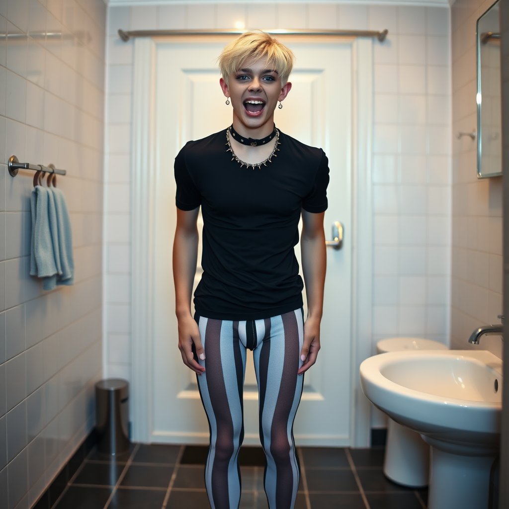 photorealistic, ultra high resolution, 16K, surreal fantasy, soft studio lighting, Caleb Swift is a pretty 16 year old goth male, slim male physique, blonde hair, blue eyes, goth makeup, earrings, white & black vertically striped pantyhose, spikey neck collar with chain, standing on the floor of the bathroom, excited mouth, bulging crotch, full body front view of Caleb facing the camera.